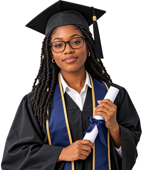 Estudante sorridente de beca, capelo e óculos, com o diploma na mão